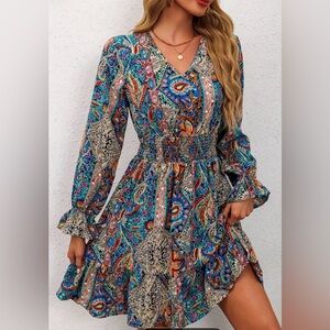 L - Boho V-Neck Paisley Smocked Waist Mini Dress - Blue Multi SZ large
